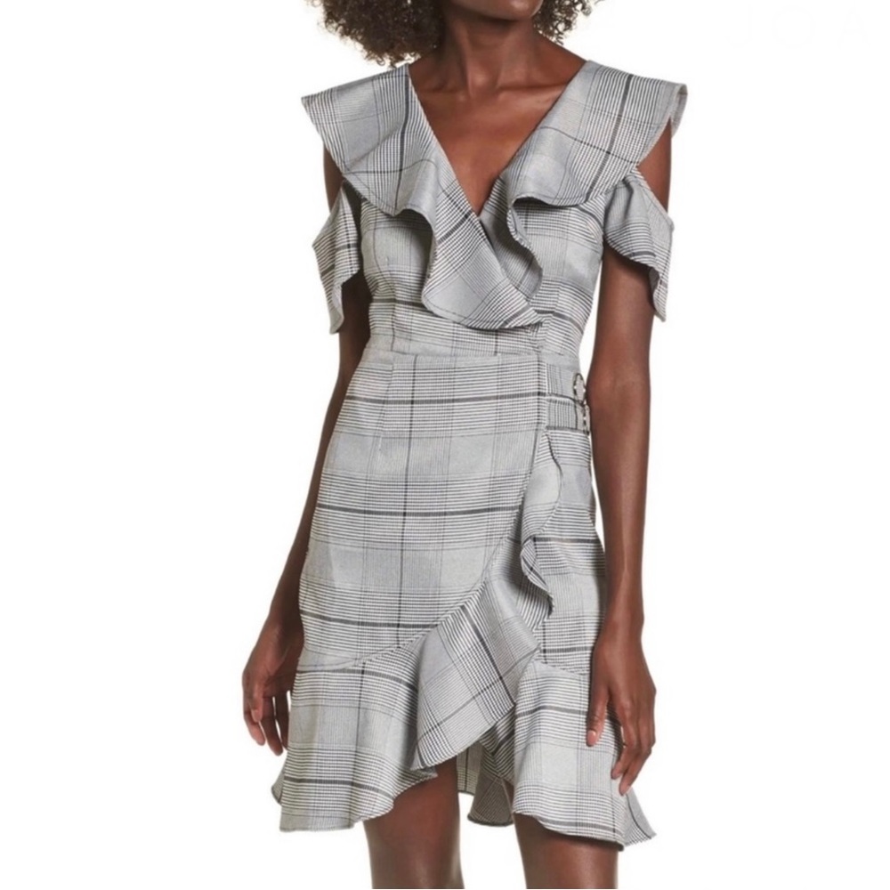 NEW J.O.A. COLD-SHOULDER RUFFLE PLAID MINI DRESS